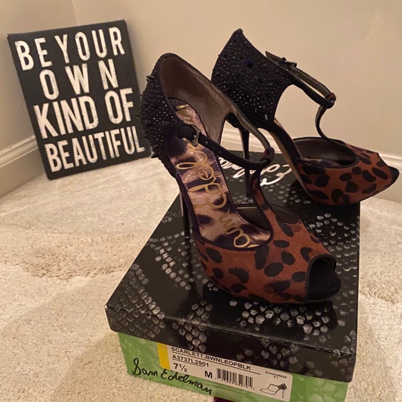 Sam Edelman chrome heels; Leopard/Black Pony Hair - Picture 4 of 8